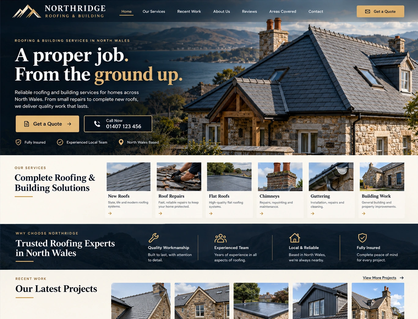 Northridge Roofing & Building example website, with slate roofing photography and navy and gold design